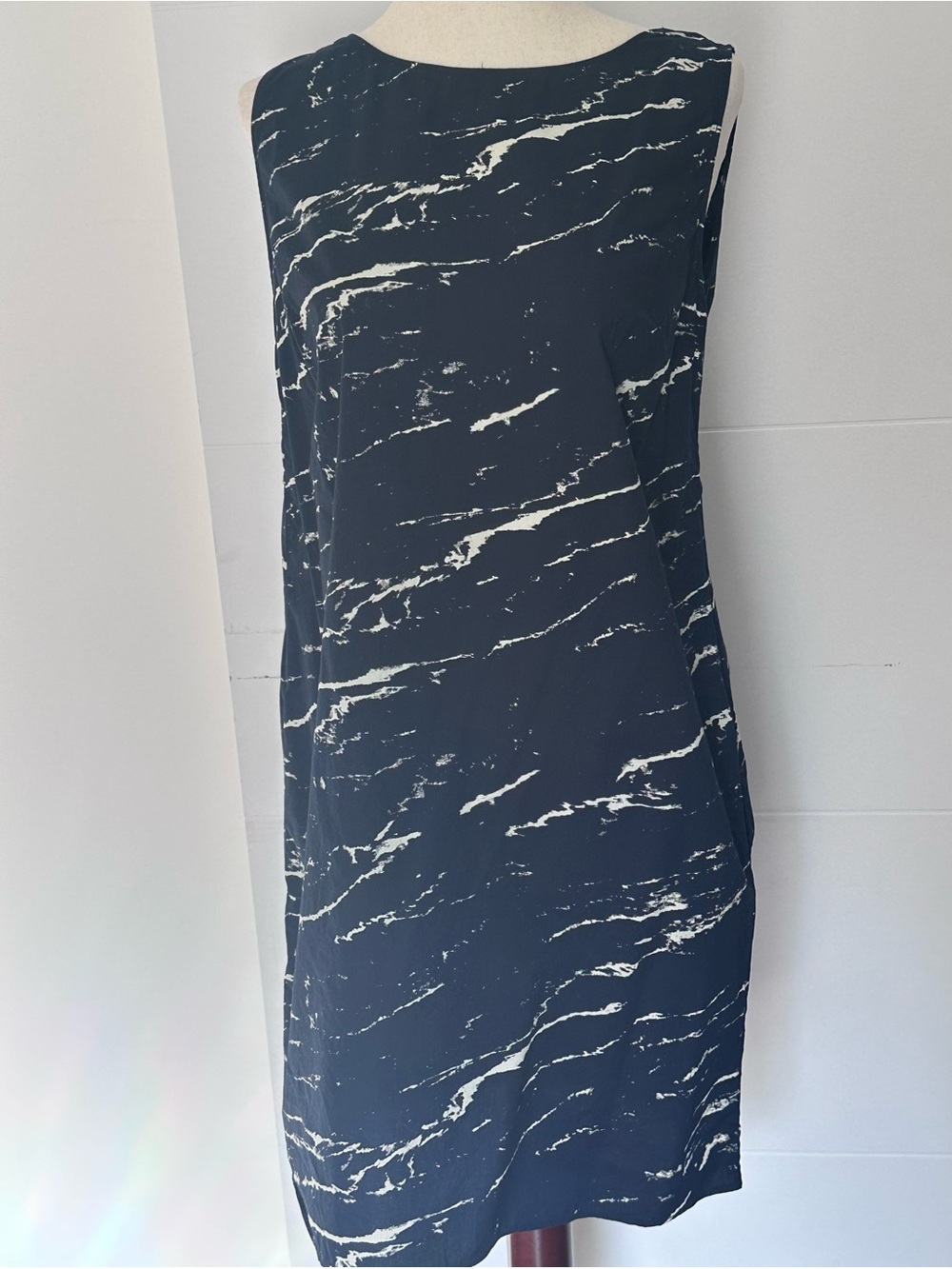 Navy Abstract Print Cotton Shift Dress Small Coastal Minimalist Size Small